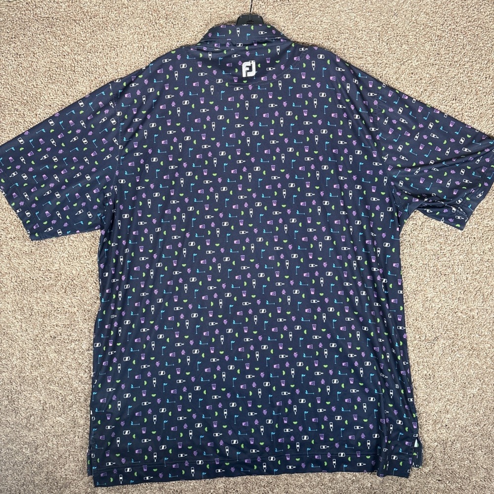 FootJoy Mens Lisle Golf Polo Shirt 2XL Navy Cocktail Golf Flag Print Stretch - Picture 7 of 9